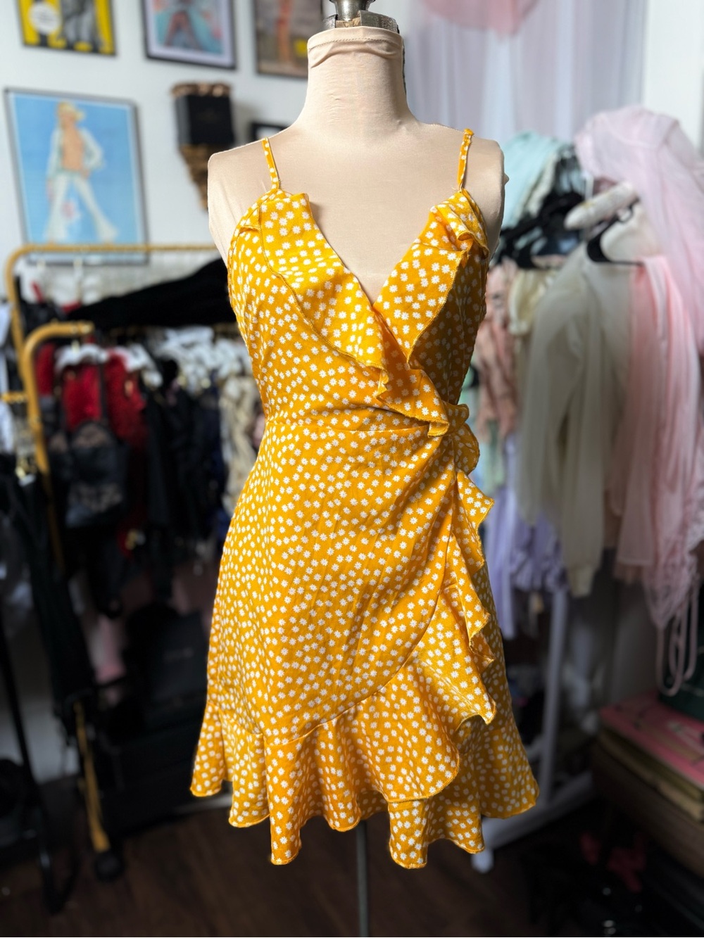 Yellow Polka Dot Mini Ruffled Wrap Dress